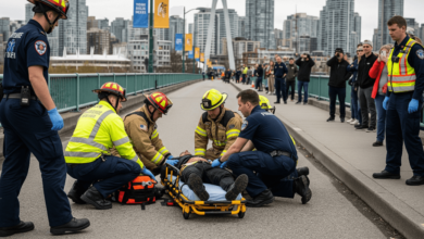 Rescue team assisting a man after a daredevil jump from Vancouver’s Cambie Street Bridge on May 9, 2025