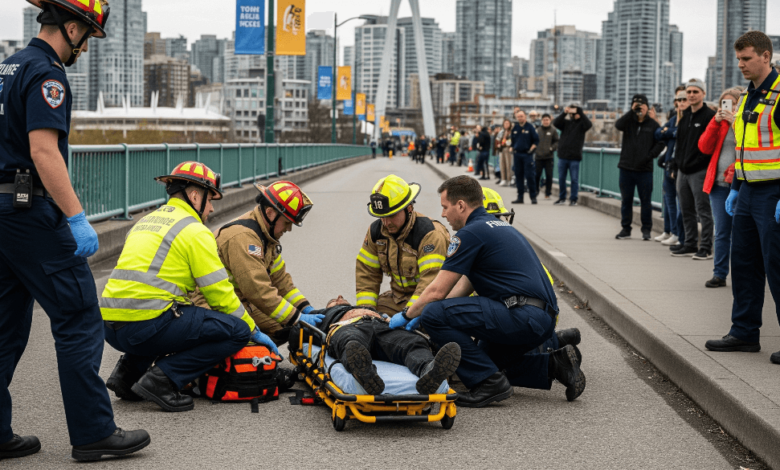 Rescue team assisting a man after a daredevil jump from Vancouver’s Cambie Street Bridge on May 9, 2025