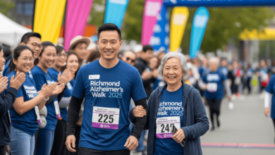 Eric Li and his mother May participating in Richmond Alzheimer’s Walk 2025, surrounded by community supporters and Alzheimer’s awareness banners