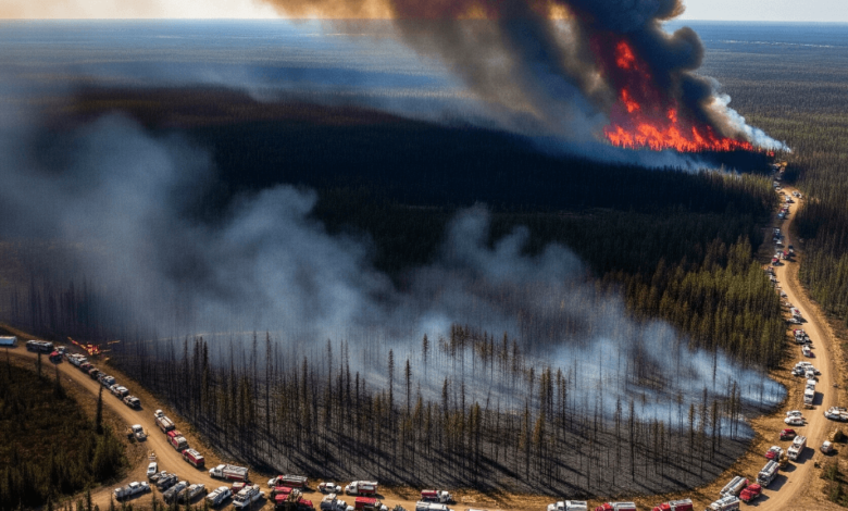 Aerial photo of the Flin Flon wildfire burning through dry forest in Manitoba, May 2025