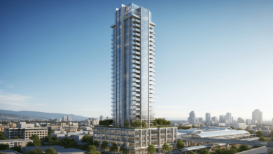 Architectural rendering of the 49-storey GEC Education Mega Centre in Surrey, showcasing its modern design and proximity to educational institutions.