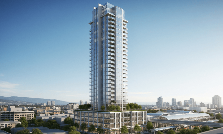Architectural rendering of the 49-storey GEC Education Mega Centre in Surrey, showcasing its modern design and proximity to educational institutions.