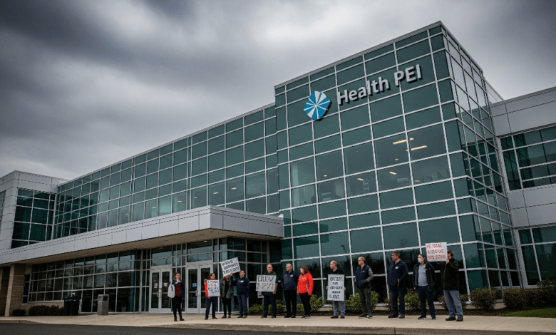 Health PEI building reflecting controversy over interim executive pay and public sector salaries