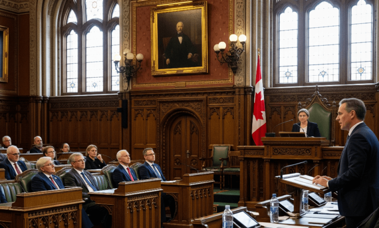 Historic Canadian parliamentary setting with officials seated during a formal address