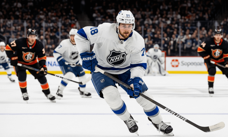 Professional hockey player skating with speed during a competitive NHL-style game