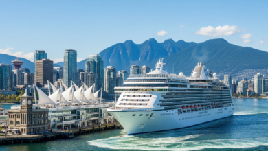 Holland America cruise ship sailing from Vancouver’s Canada Place terminal
