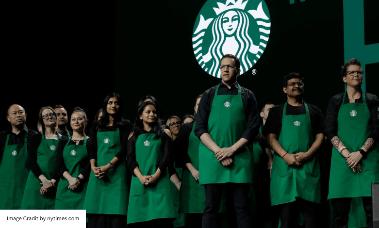 Baristas protesting outside Starbucks store during dress code walkout