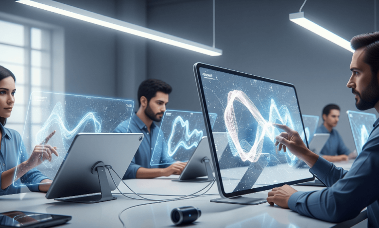 Conceptual image of futuristic AI-powered design collaboration featuring sleek digital devices and human creativity, symbolizing Jony Ive and OpenAI’s $6.5 billion partnership.