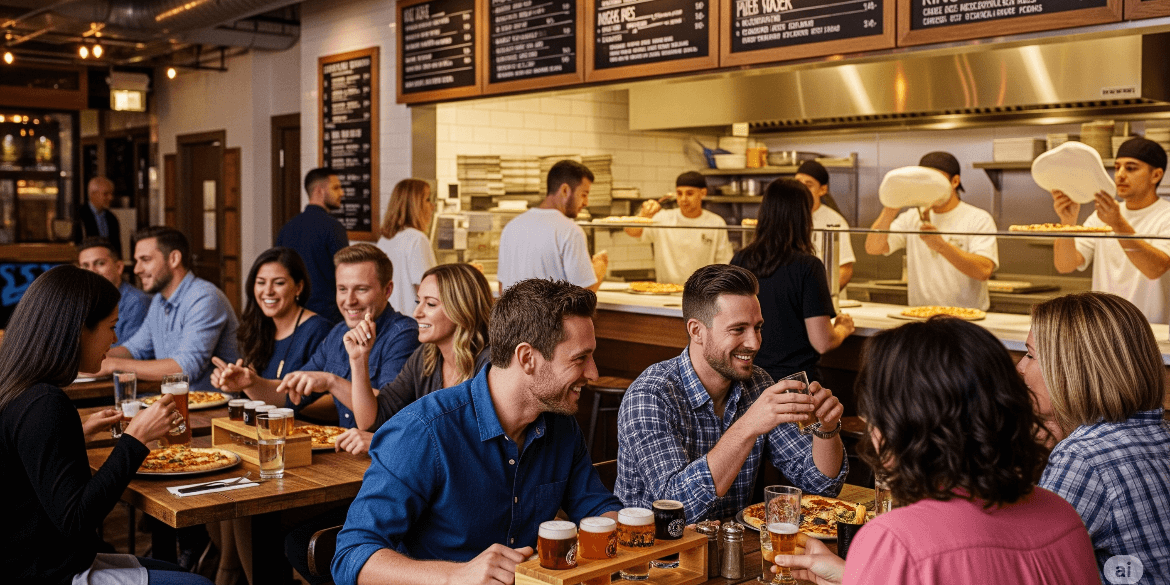 Guests enjoying artisan pizza and craft beer at King Taps in Lonsdale Quay, North Vancouver