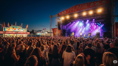 Crowd enjoying a live music performance at PNE Fair 2025 under colorful stage lights
