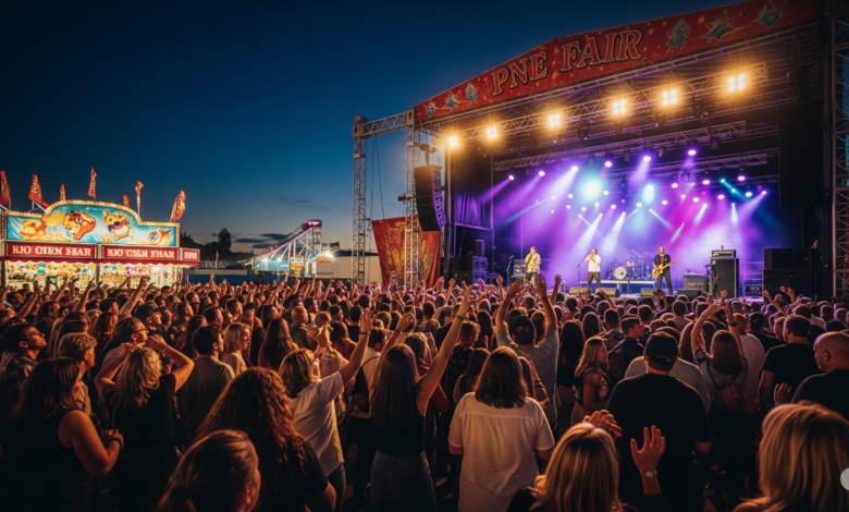 Crowd enjoying a live music performance at PNE Fair 2025 under colorful stage lights