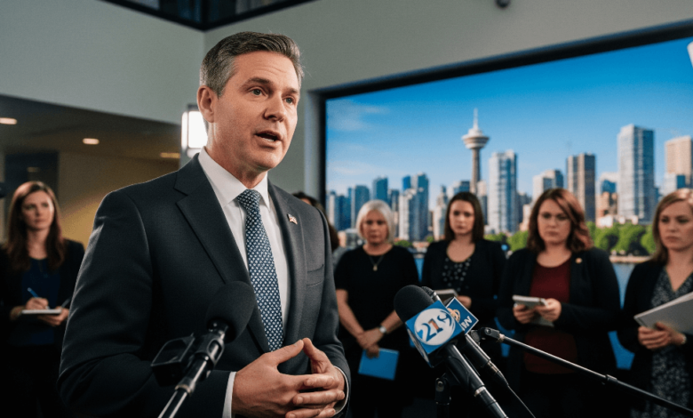 Vancouver Mayor Ken Sim speaking at a press conference about the defamation lawsuit