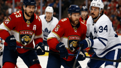 Florida Panthers and Toronto Maple Leafs players during 2025 NHL Playoffs game.