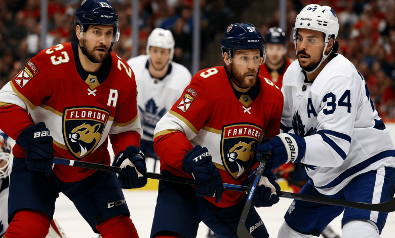 Florida Panthers and Toronto Maple Leafs players during 2025 NHL Playoffs game.