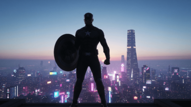 Silhouette of a superhero holding a shield, standing in front of a glowing futuristic city skyline at dusk