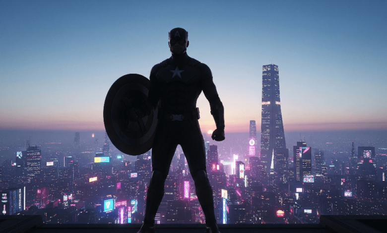 Silhouette of a superhero holding a shield, standing in front of a glowing futuristic city skyline at dusk