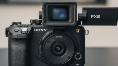 Front view of the Sony FX2 hybrid cinema camera showing compact body and tilting EVF