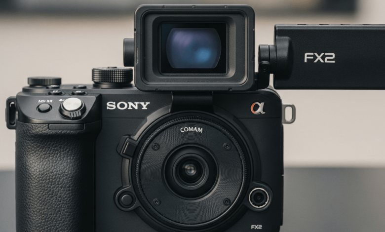 Front view of the Sony FX2 hybrid cinema camera showing compact body and tilting EVF