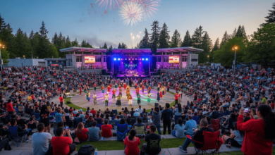 Crowds enjoying Surrey Canada Day 2025 with fireworks, live music, and cultural performances at Bill Reid Millennium Amphitheatre