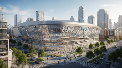 Architectural rendering of Surrey’s new 12,000-seat multi-purpose arena in City Centre, highlighting future cultural and economic development.