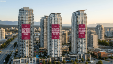 High-rise condos in Surrey with banners advertising a developer buy-back offer in Metro Vancouver