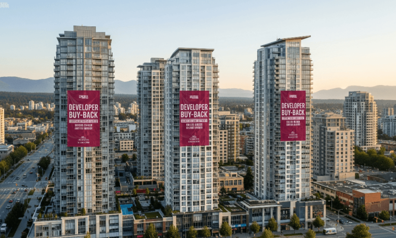 High-rise condos in Surrey with banners advertising a developer buy-back offer in Metro Vancouver