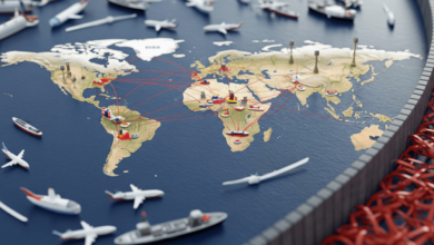 Abstract image showing trade-related icons like cargo ships, containers, and flags symbolizing tariff impacts worldwide.
