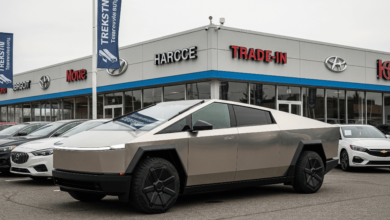 Tesla Cybertruck parked outside dealership representing trade-in depreciation