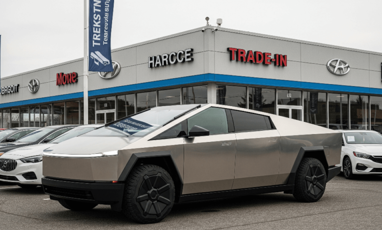 Tesla Cybertruck parked outside dealership representing trade-in depreciation