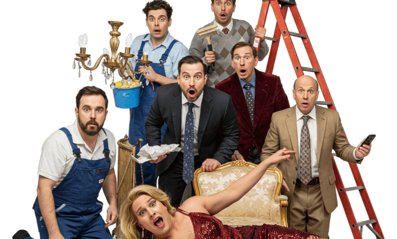 Cast performing The Play That Goes Wrong at Gallery 7 Theatre in Abbotsford
