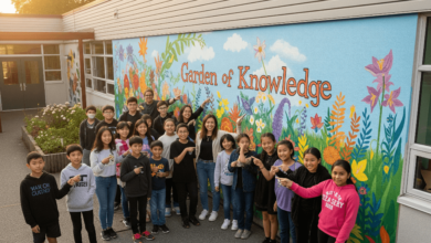 Students and artist Laura Kwok unveiling the colorful Garden of Knowledge mural at Tomsett Elementary School in Richmond, BC