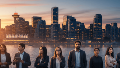 Vancouver cityscape at dusk highlighting the tech industry and talent challenges in British Columbia amid immigration policy changes