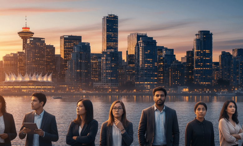 Vancouver cityscape at dusk highlighting the tech industry and talent challenges in British Columbia amid immigration policy changes