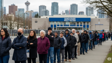 Vancouver voters waiting in long lines outside a polling station after election staffing and location cuts