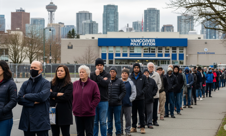 Vancouver voters waiting in long lines outside a polling station after election staffing and location cuts