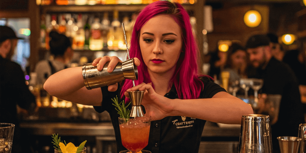 Bartender preparing a craft cocktail in an award-winning Vancouver bar