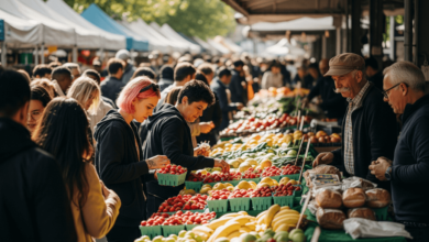 Shoppers browsing colorful produce at a Vancouver farmers market in 2025