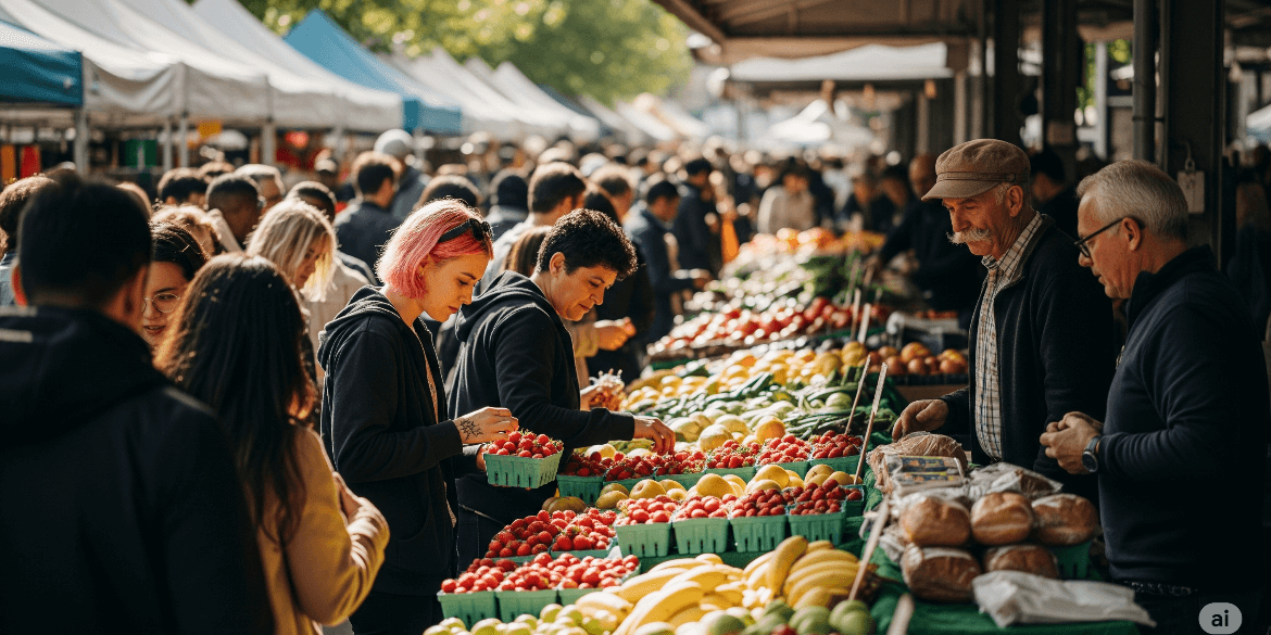 Shoppers browsing colorful produce at a Vancouver farmers market in 2025