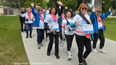 Participants walking along the White Rock Waterfront during the Walk for Alzheimer’s Awareness event, showing community support and unity for the cause.