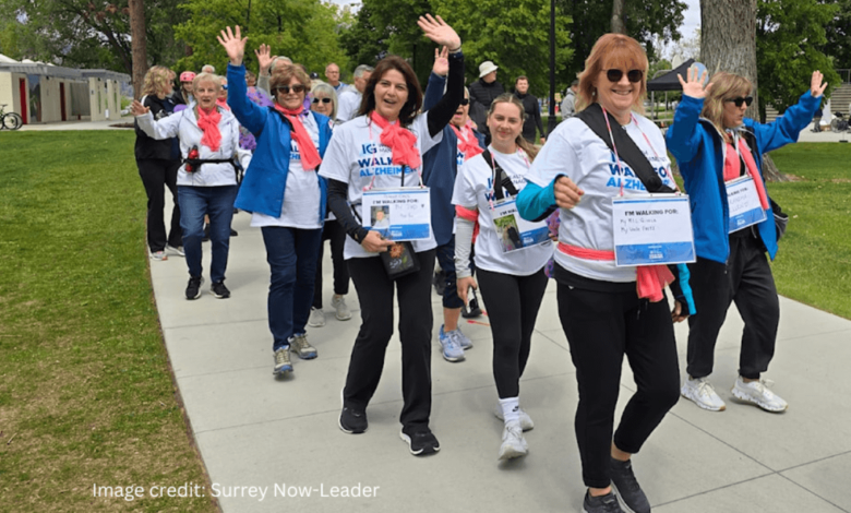 Participants walking along the White Rock Waterfront during the Walk for Alzheimer’s Awareness event, showing community support and unity for the cause.