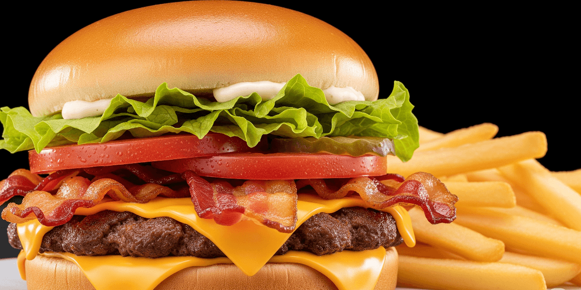 Close-up of Wendy’s Jr. Bacon Cheeseburger with crispy bacon, melted cheese, lettuce, tomato, and a toasted bun, served with fries