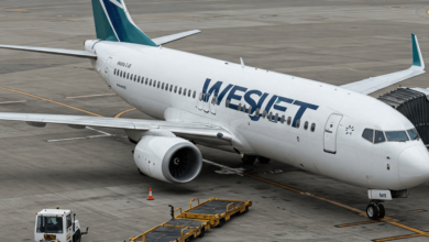 WestJet aircraft grounded at Vancouver International Airport following flight cuts to U.S. destinations