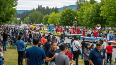 Community members enjoying the lively parade during Yarrow Days 2025 festival at Pioneer Park, Chilliwack