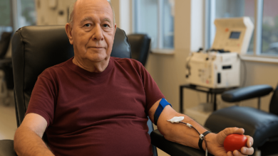 Don Meister, 73, donating blood after 306 lifetime donations, inspiring Canada’s national blood donor campaign.