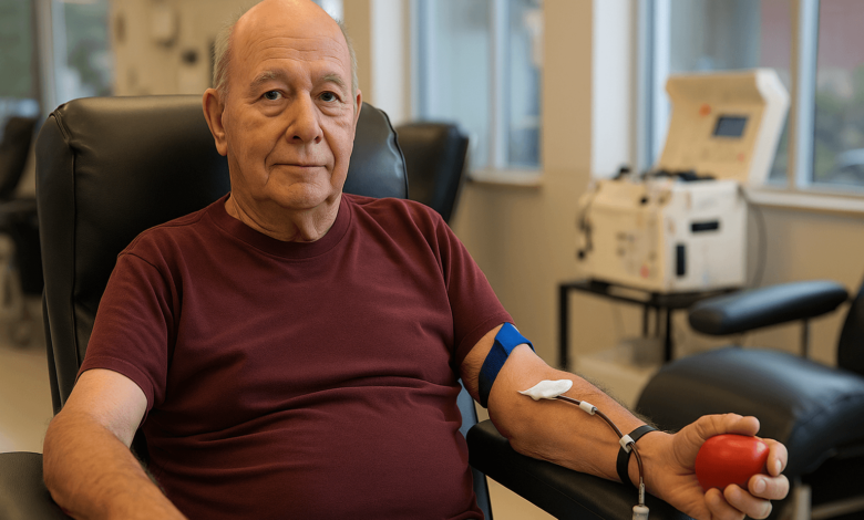 Don Meister, 73, donating blood after 306 lifetime donations, inspiring Canada’s national blood donor campaign.