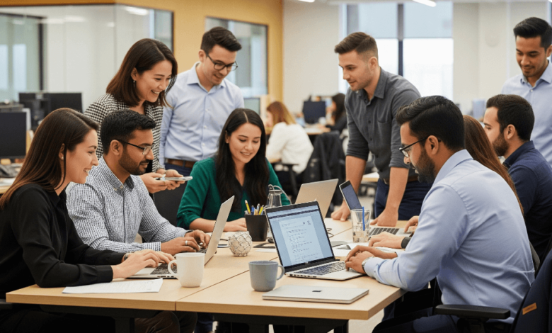 RBC employees working together in-office following the 4-day hybrid work policy