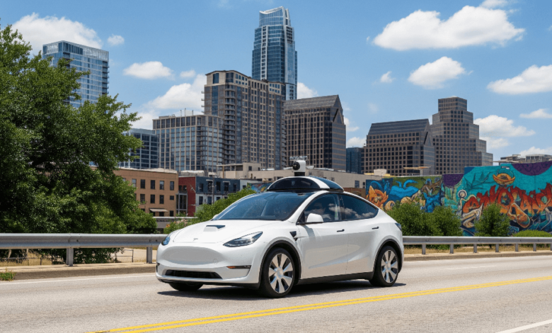 Tesla Model Y robotaxi driving autonomously in Austin, Texas, ahead of the June 12 launch