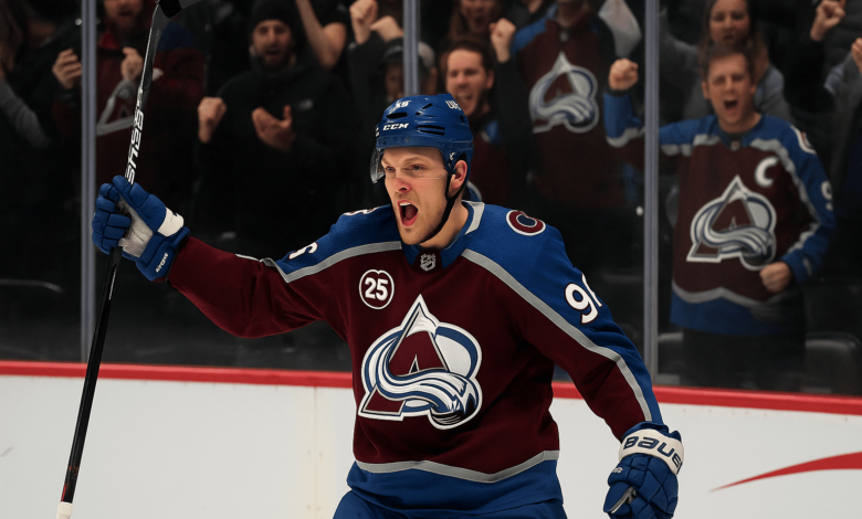Mikko Rantanen celebrating a key goal in the 2025 NHL playoffs.