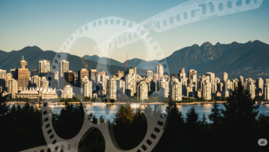 A cinematic view of Vancouver’s skyline with a film reel overlay, symbolizing Hollywood North