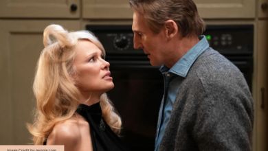 Pamela Anderson and Liam Neeson in Naked Gun 2025 trailer still